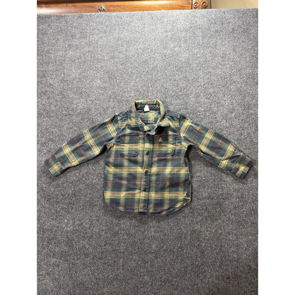 Gap Toddler Boys 3T Organic Cotton Flannel Shirt June Bug Green Plaid Bear